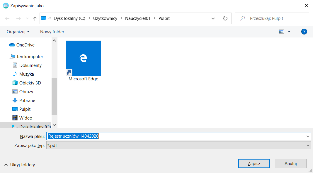Okno systemowe zapisu pliku